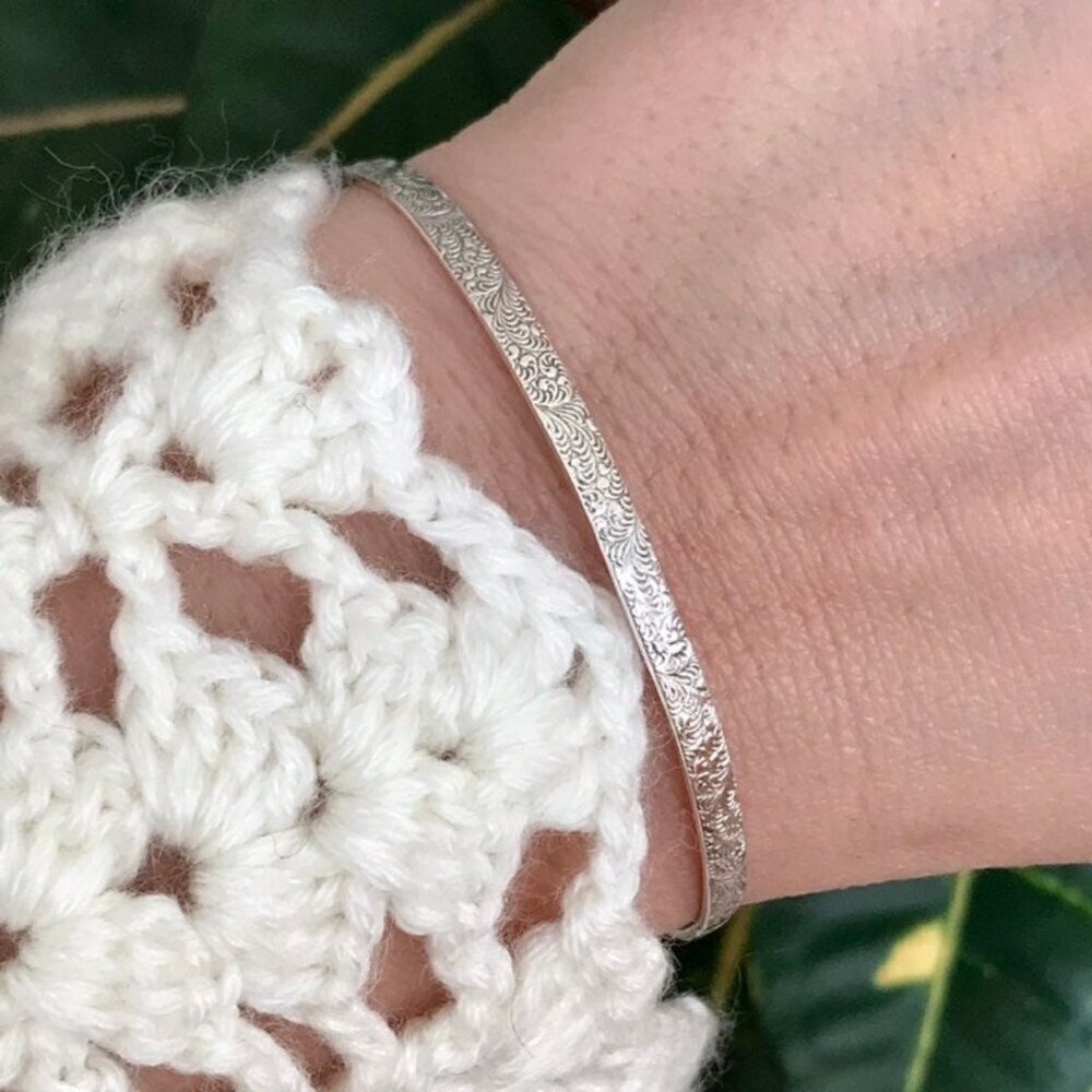 Romantic Bohemian 925 Sterling Silver Paisley Thick Stackable Bangle Bracelet